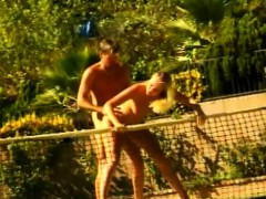 Country club beauty gets fucked hard outside by the gardener