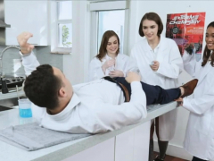Three girlfriends sharing cock in lab coat