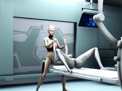 Sexy sci-fi female android fucks an alien in space station